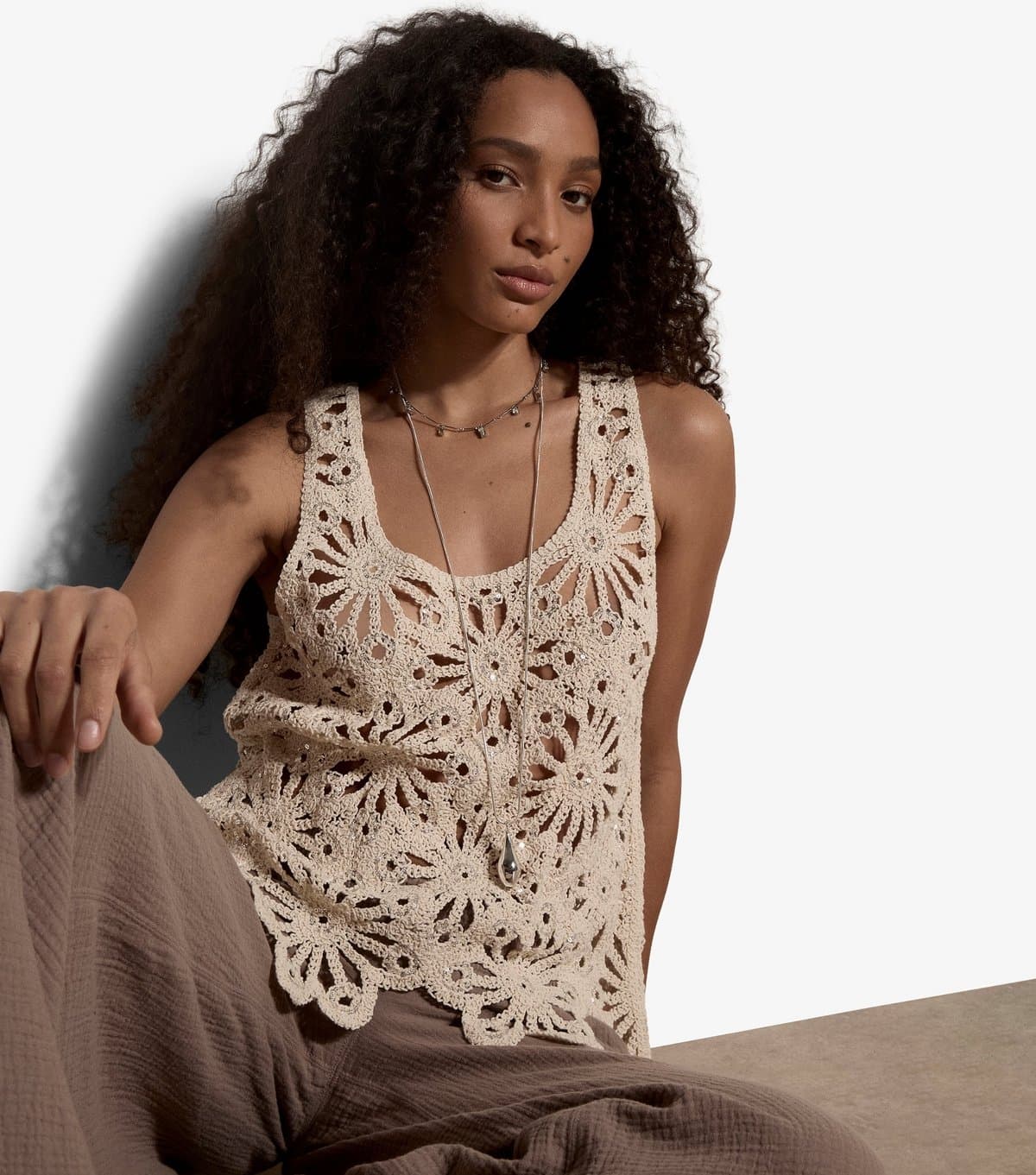 Apricot Women's Cream Crochet Cotton Rich Floral Sequin Top Apricot New Look