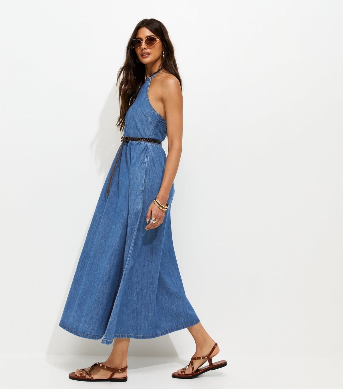 New Look Women's Blue Denim Halterneck Midi Dress New Look