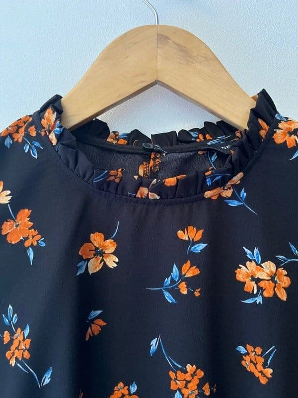 New Look New Look ladies floral dress high neck black orange blue size 14 long sleeve short