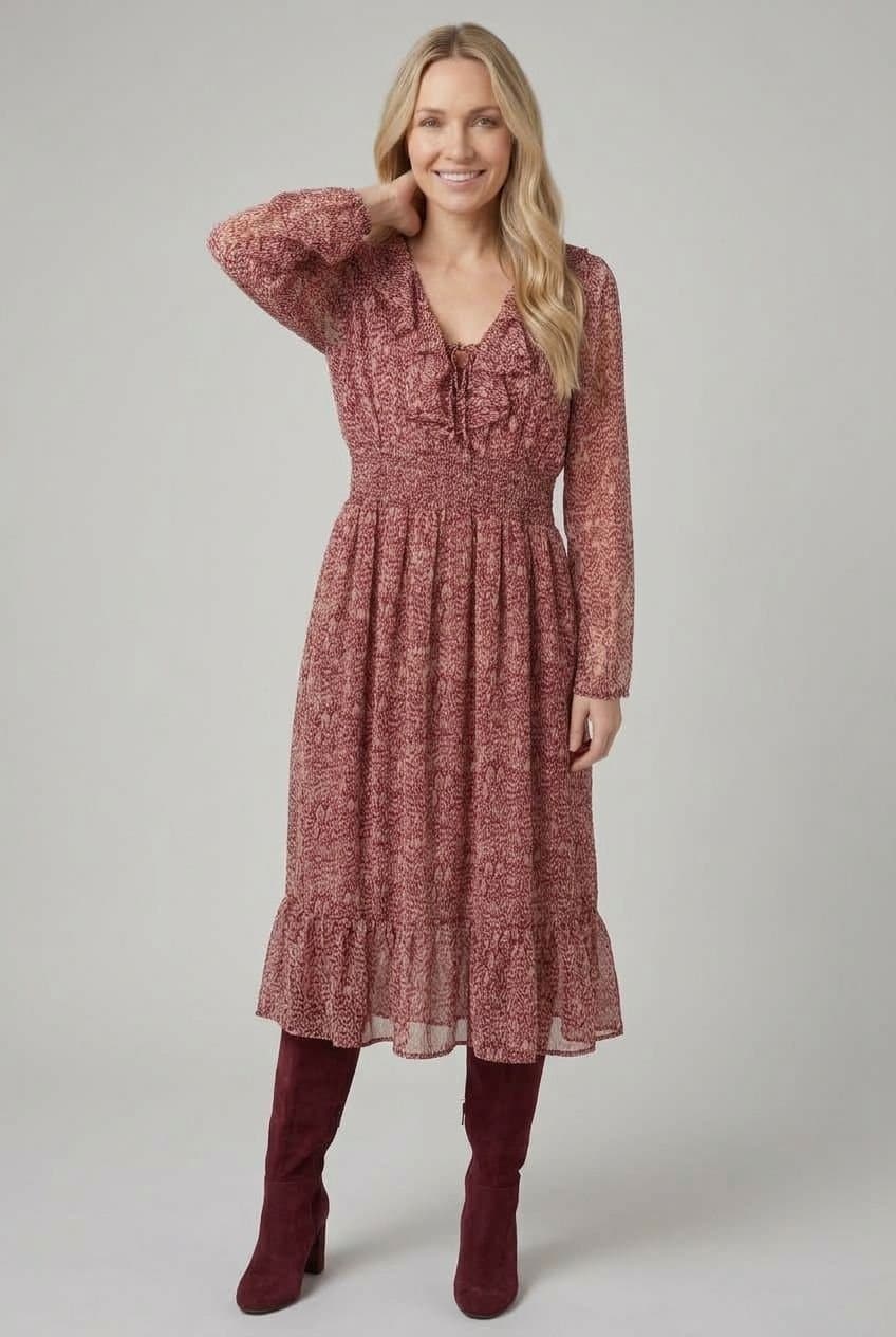 Izabel London Izabel London Women's Printed Ruffled Long Sleeve Midi Dress in Red