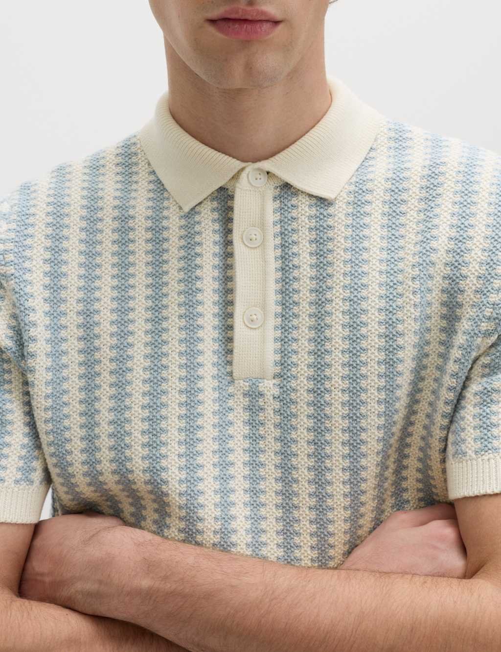 Marks & Spencer M&S Pure Cotton Textured Striped Knitted Polo Shirt Soft Blue Mix - 3