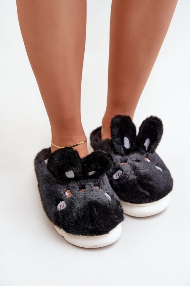 Love Lace Love Lace Women's Rabbit Furry Slippers With Thick Sole For Warmth At Home in Black - 3
