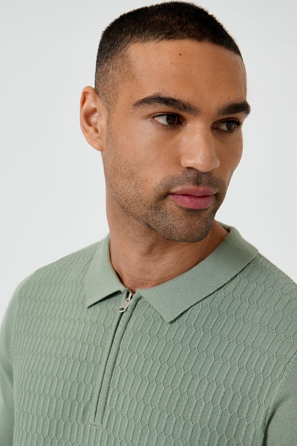 Threadbare Threadbare Men's Textured Knit Quarter Zip Polo in Pale Green - 4