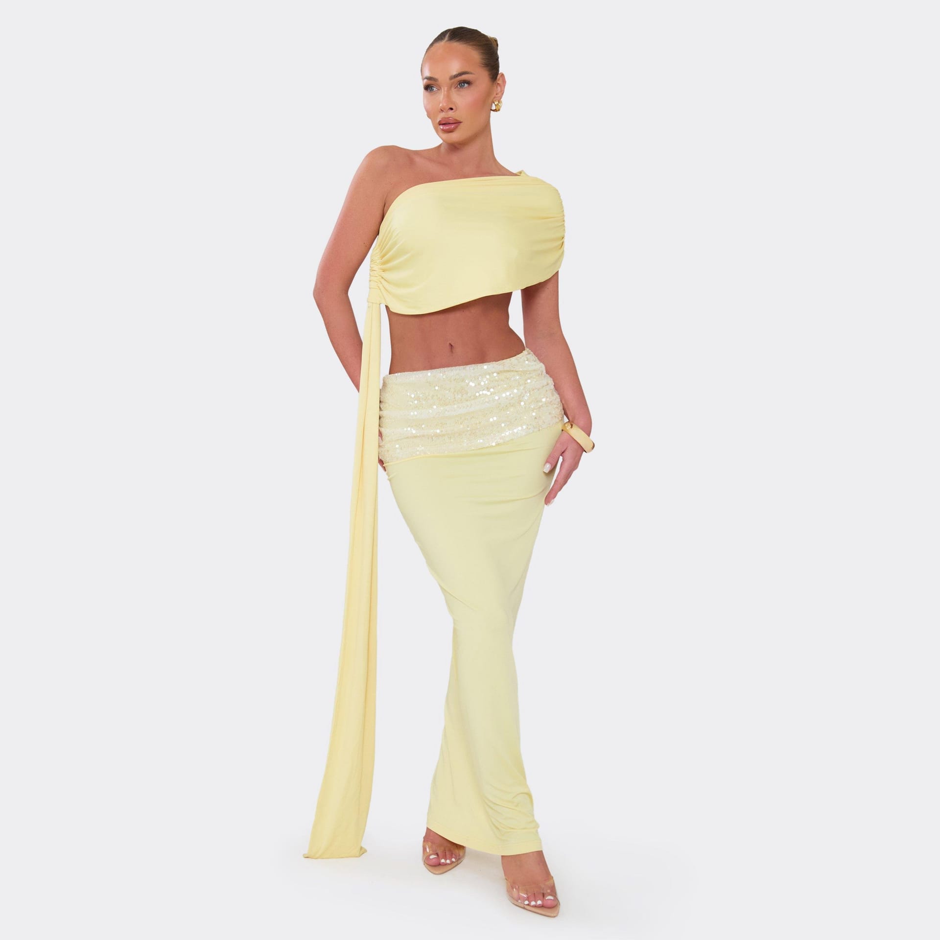EGO Lemon Slinky One-Shoulder Top & Sequin Maxi Skirt Set