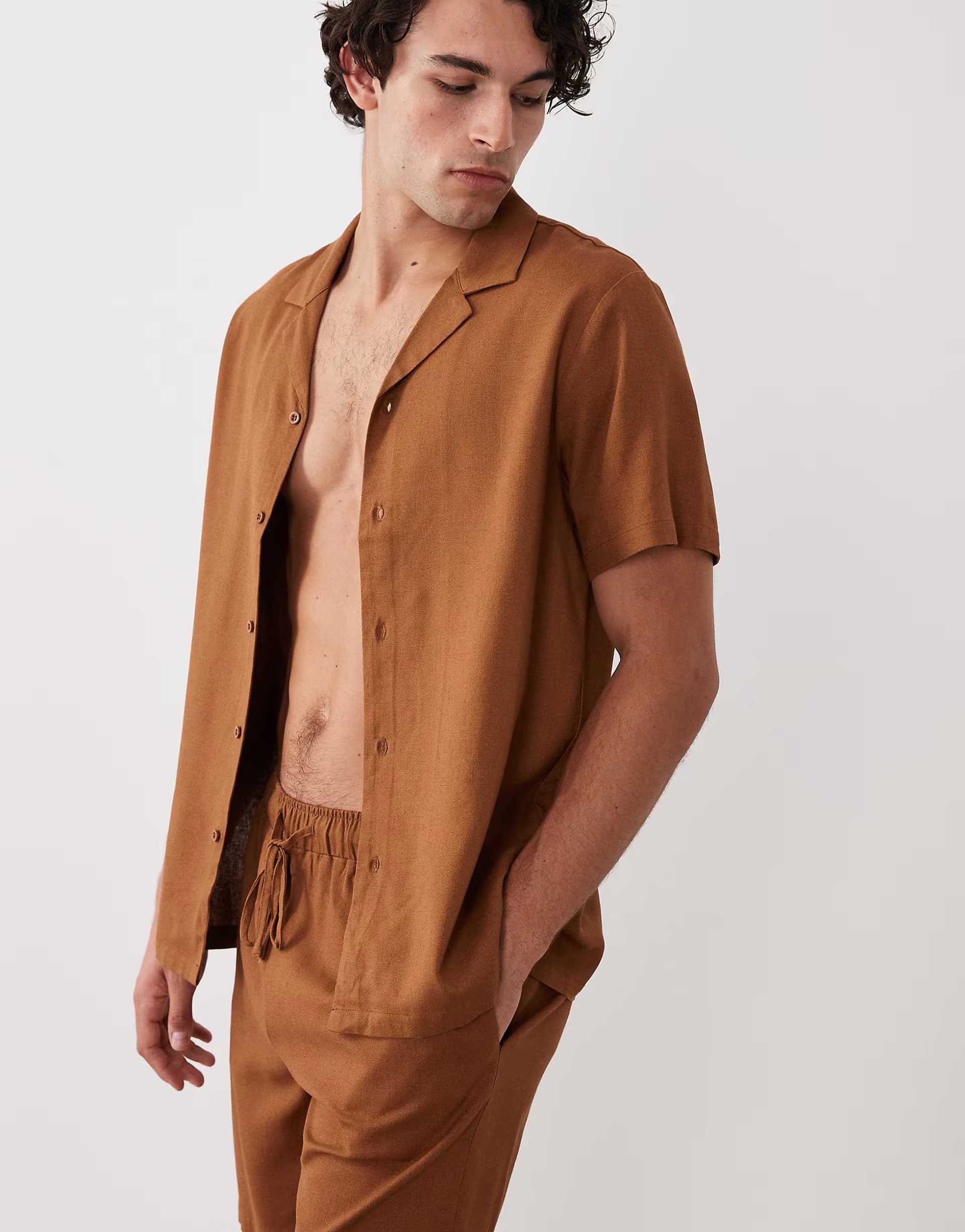 ASOS South Beach short sleeve linen blend shirt in rust