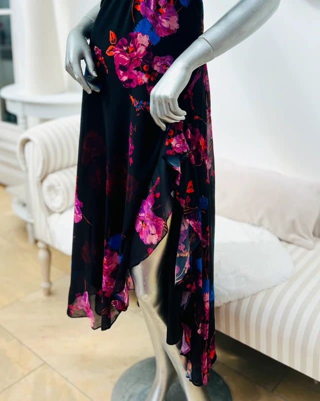 Karen Millen Karen Millen black pink frill print maxi dress 10