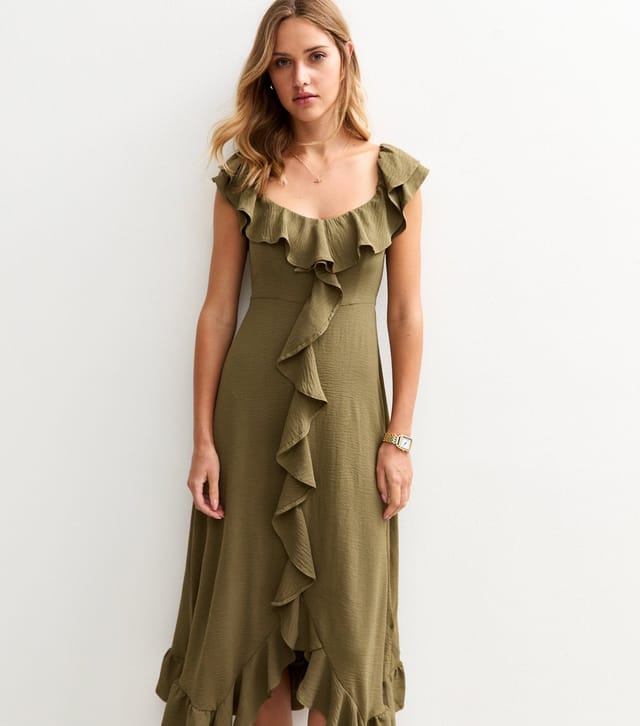 New Look Women's Khaki Ruffled Asymmetric Midi Dress New Look - 2