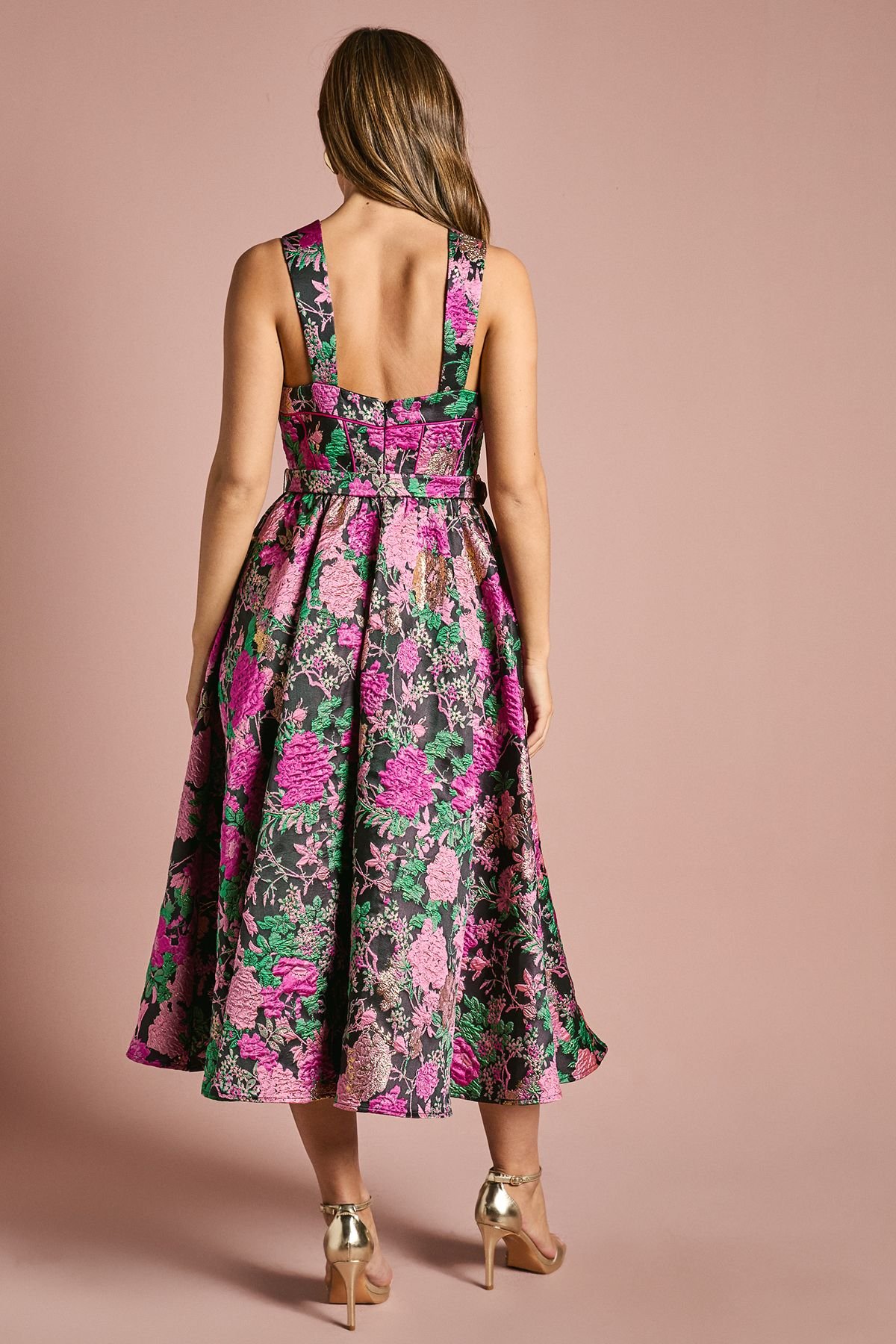 Coast Coast Women's Corset Bodice Full Skirted Jacquard Midi Dress in Pink - 3