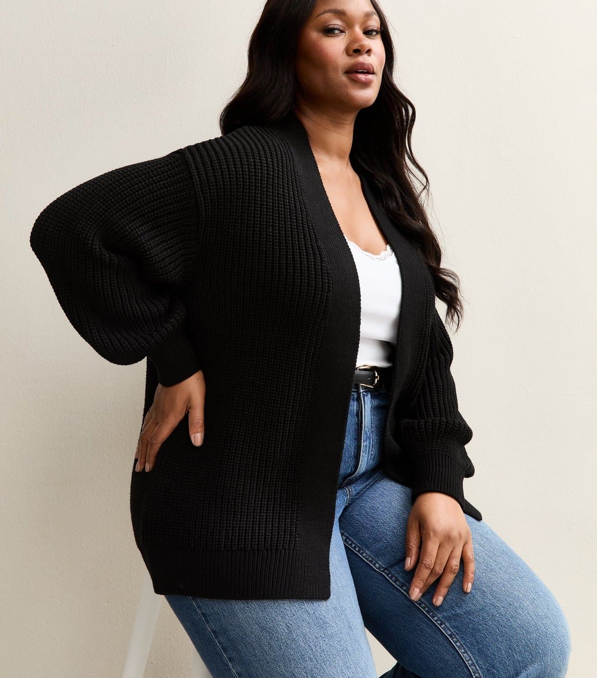 New Look Women's Plus Size Black Ribbed Knit Balloon Sleeve Cardigan Curves New Look
