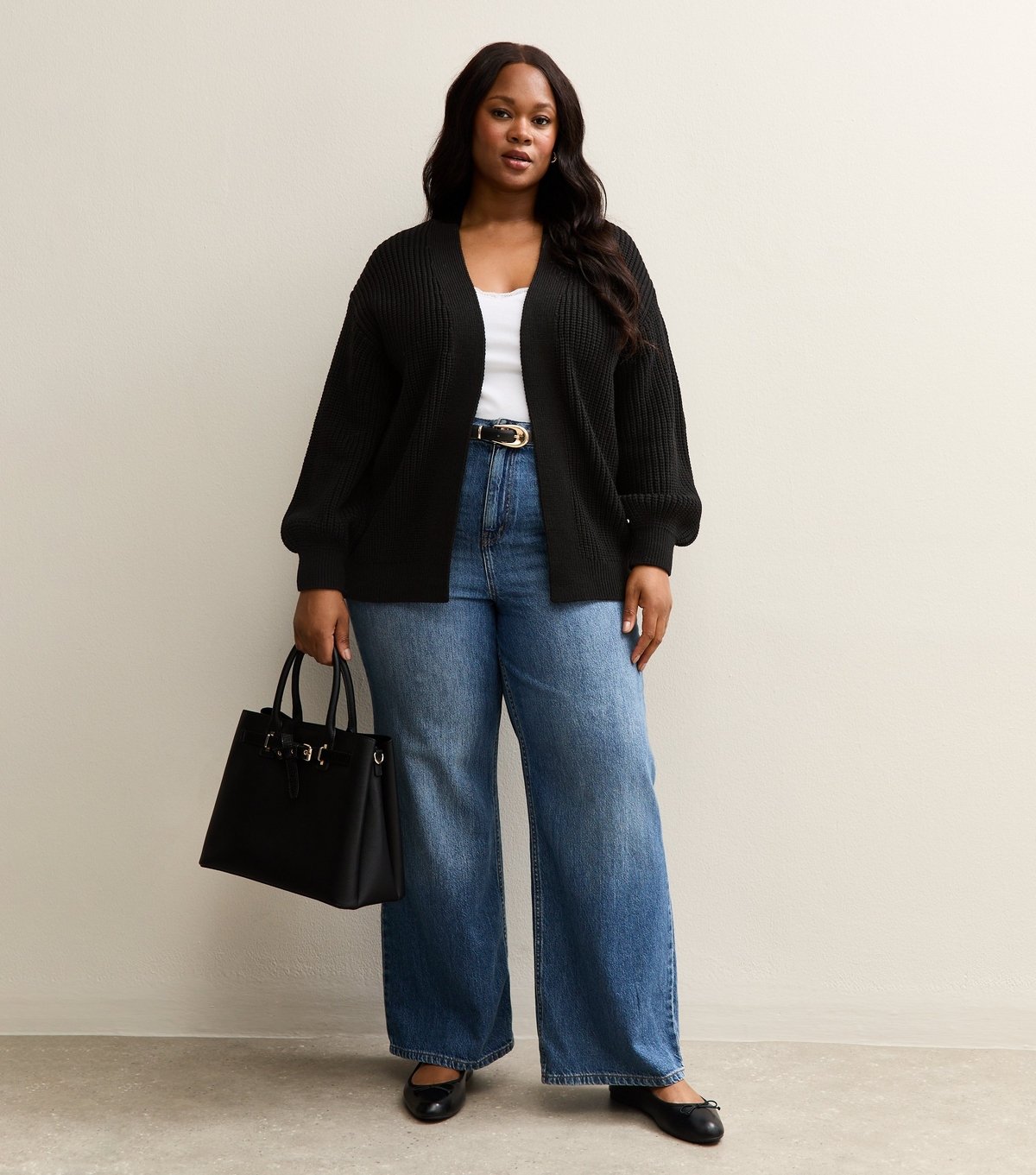 New Look Women's Plus Size Black Ribbed Knit Balloon Sleeve Cardigan Curves New Look - 2