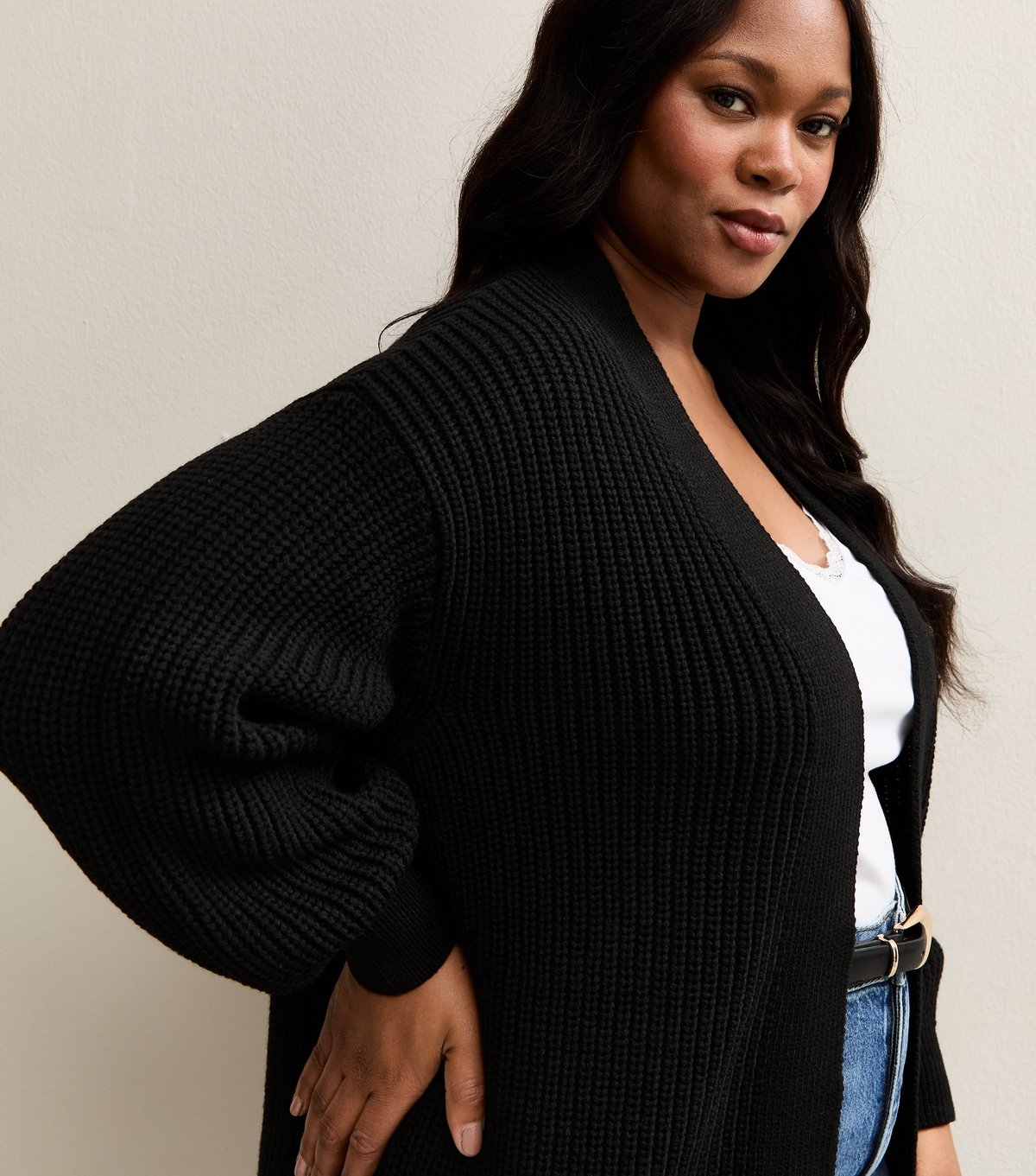 New Look Women's Plus Size Black Ribbed Knit Balloon Sleeve Cardigan Curves New Look - 3