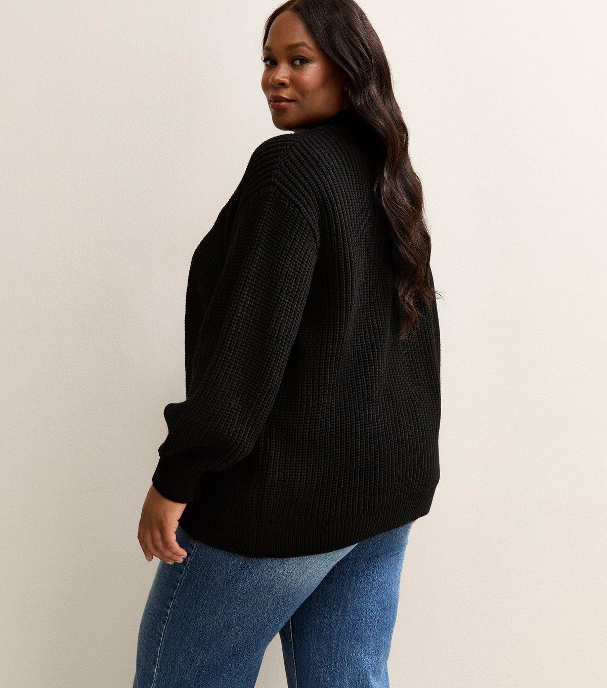 New Look Women's Plus Size Black Ribbed Knit Balloon Sleeve Cardigan Curves New Look - 4