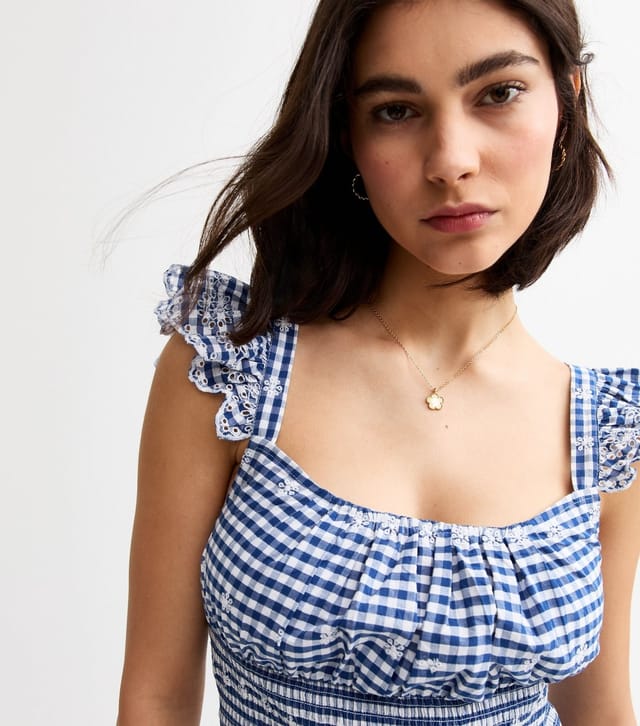 New Look Women's Blue Checked Broderie Anglaise Cropped Top New Look - 2
