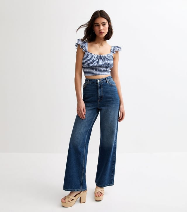 New Look Women's Blue Checked Broderie Anglaise Cropped Top New Look - 3