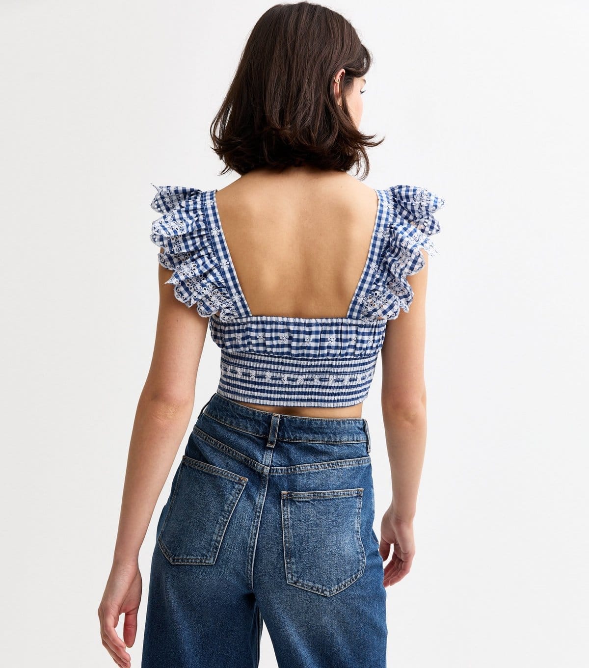 New Look Women's Blue Checked Broderie Anglaise Cropped Top New Look - 4