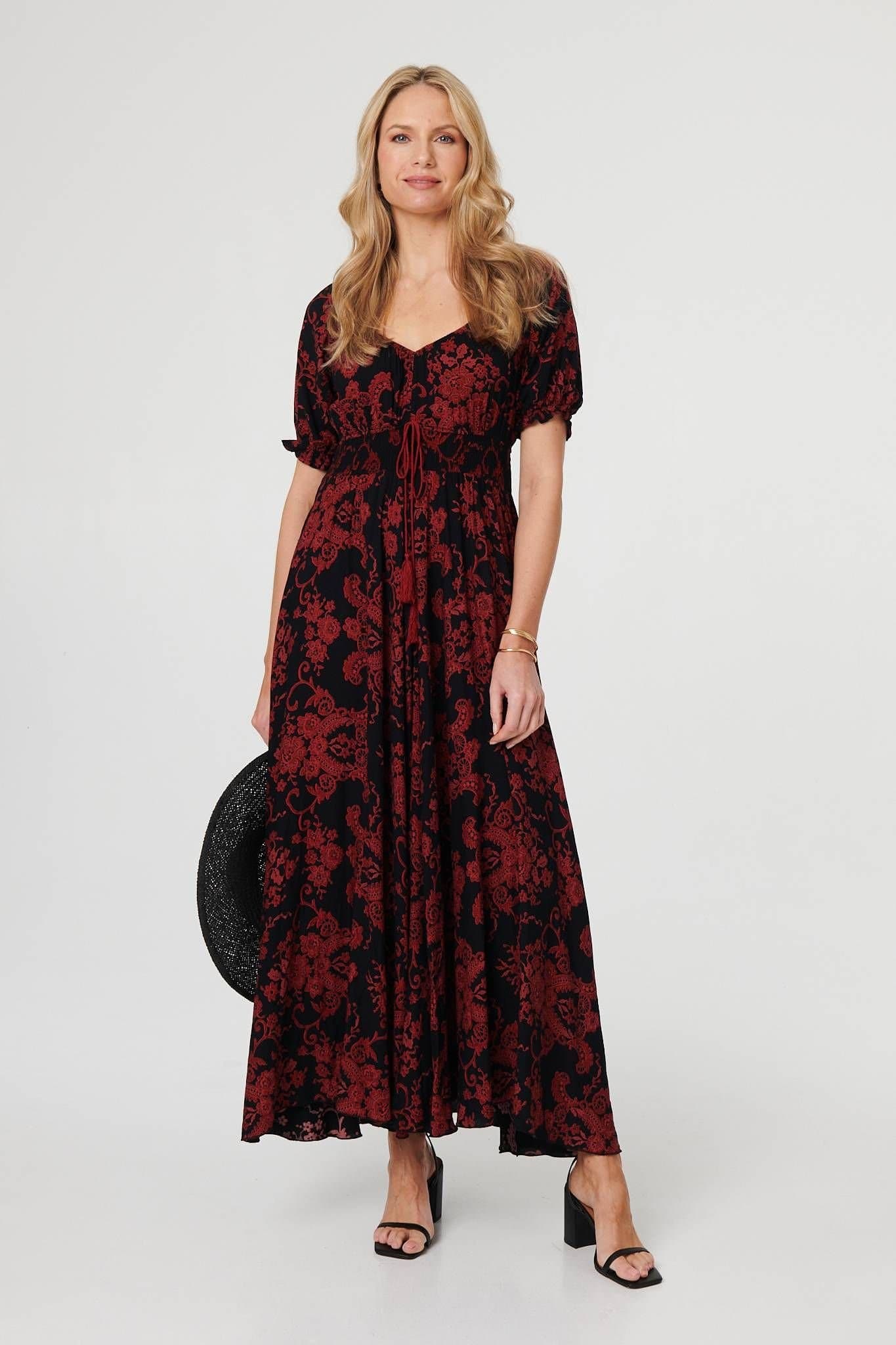 Izabel London Izabel London Women's Baroque Print Puff Sleeve Maxi Dress in Black