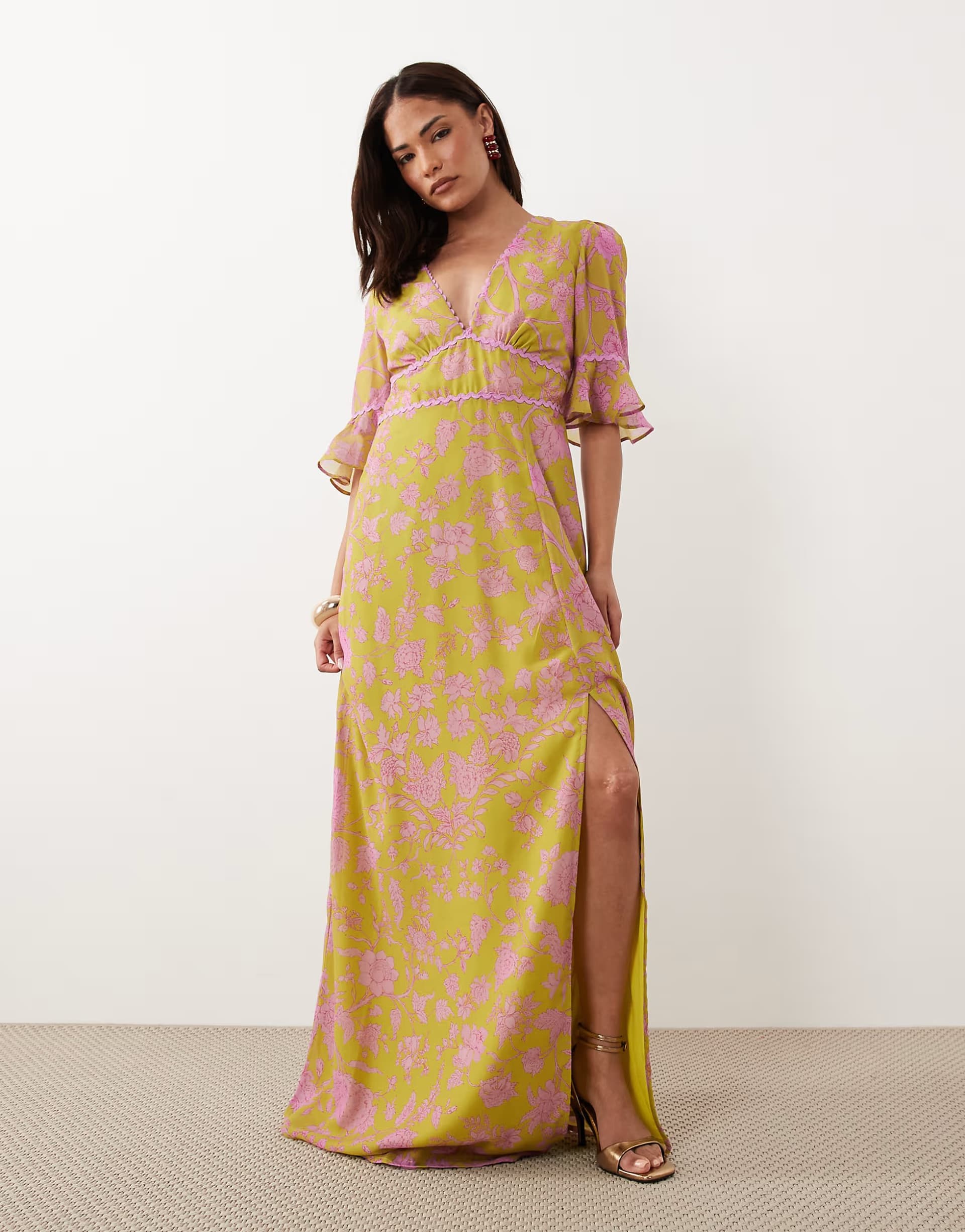 ASOS Hope & Ivy Petite v neck frill short sleeve split front maxi dress in green and pink floral
