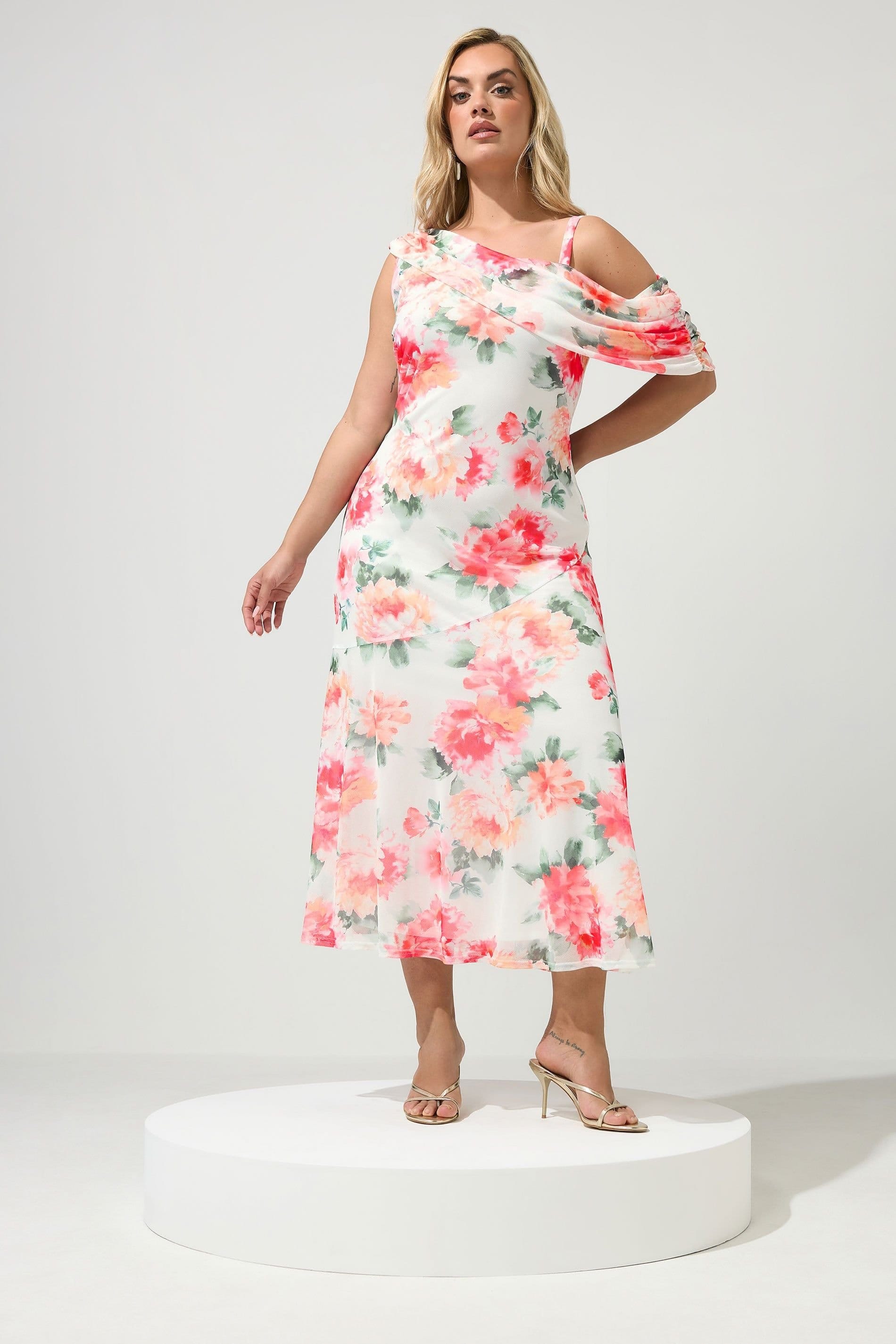 Yours London Ivory Floral Drape Shoulder Maxi Dress