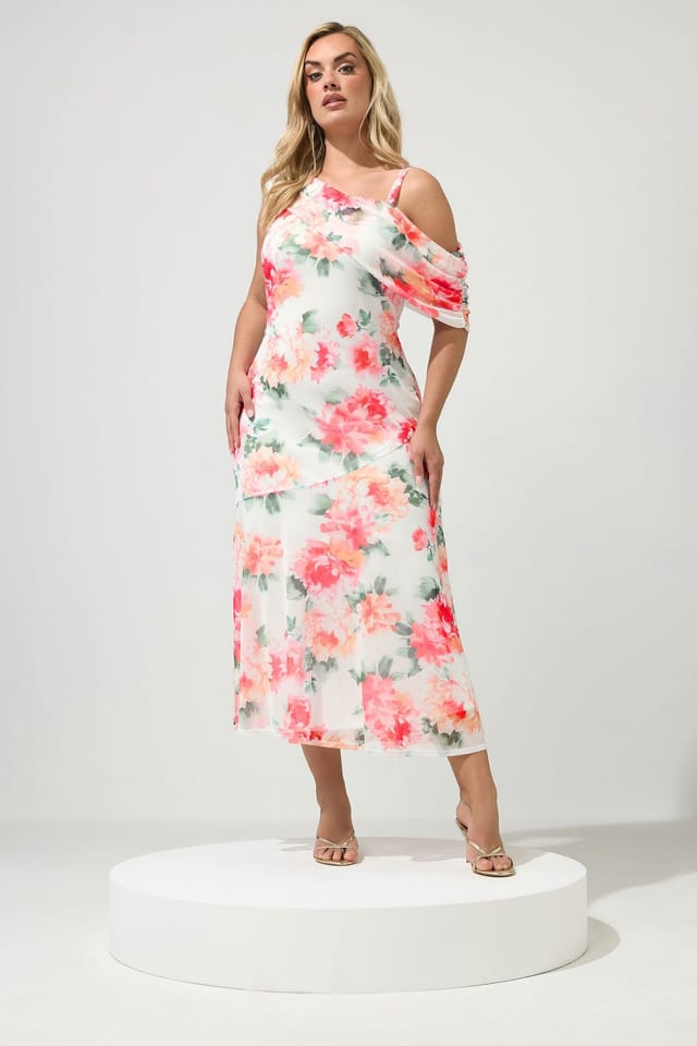 Yours Yours Women's Floral Drape Shoulder Maxi Dress in Ivory - 3