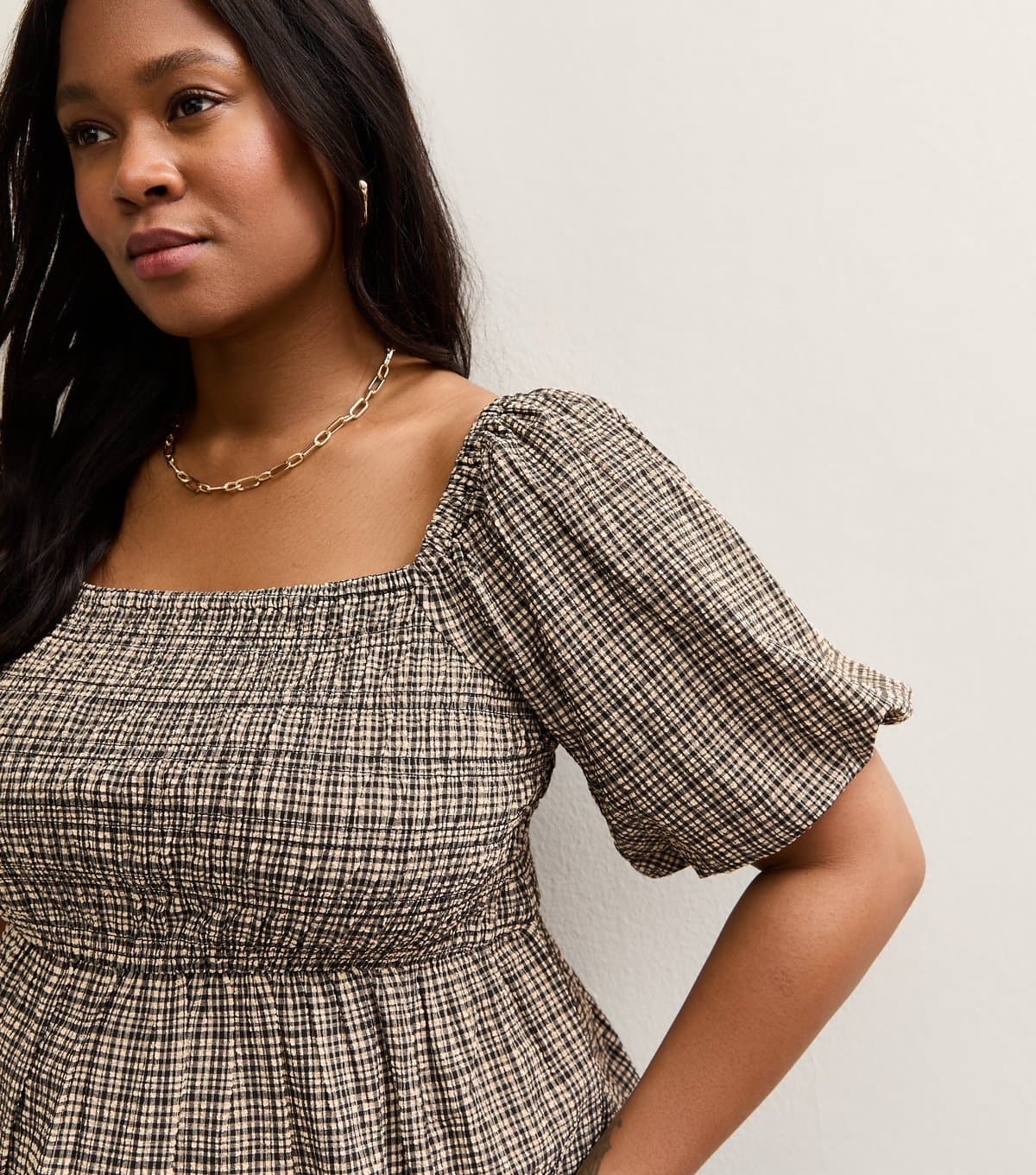 New Look Women's Plus Size Black Check Print Shirred Milkmaid Top Curves New Look