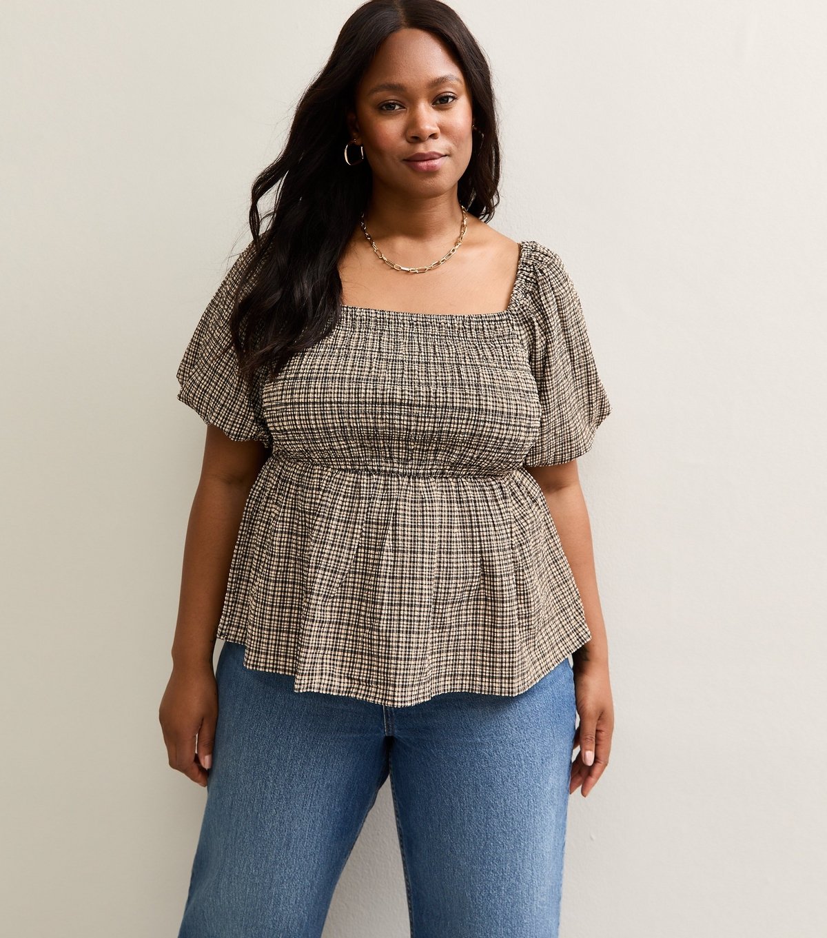 New Look Women's Plus Size Black Check Print Shirred Milkmaid Top Curves New Look - 2