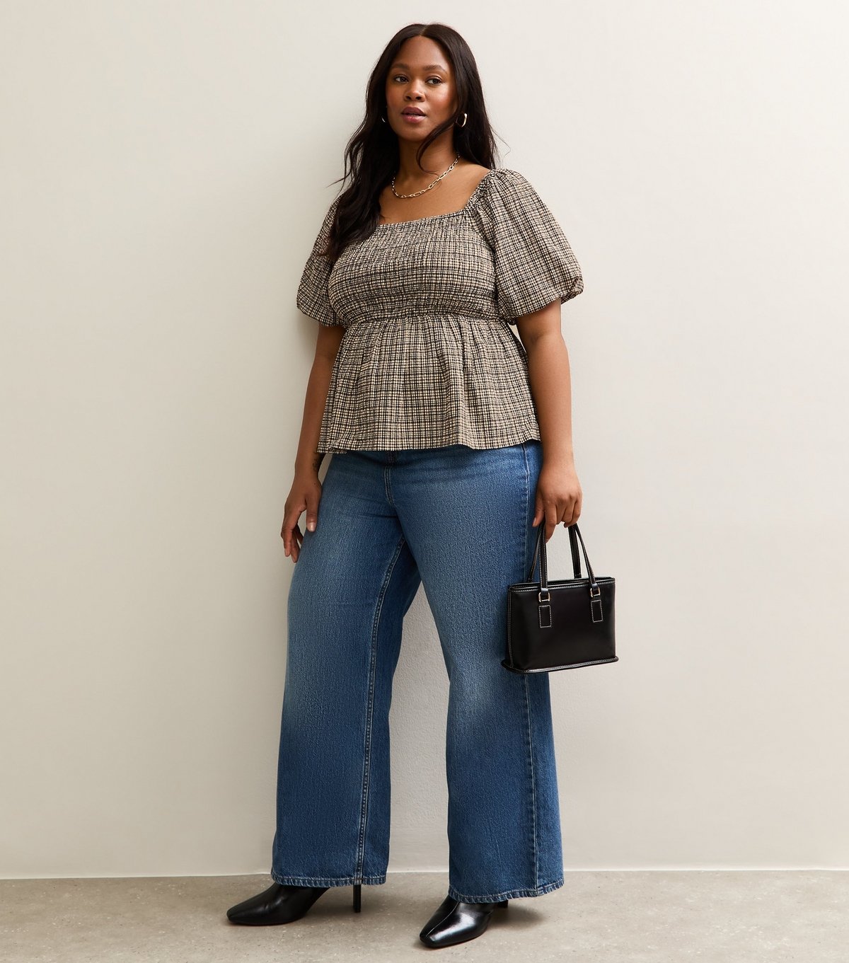 New Look Women's Plus Size Black Check Print Shirred Milkmaid Top Curves New Look - 3