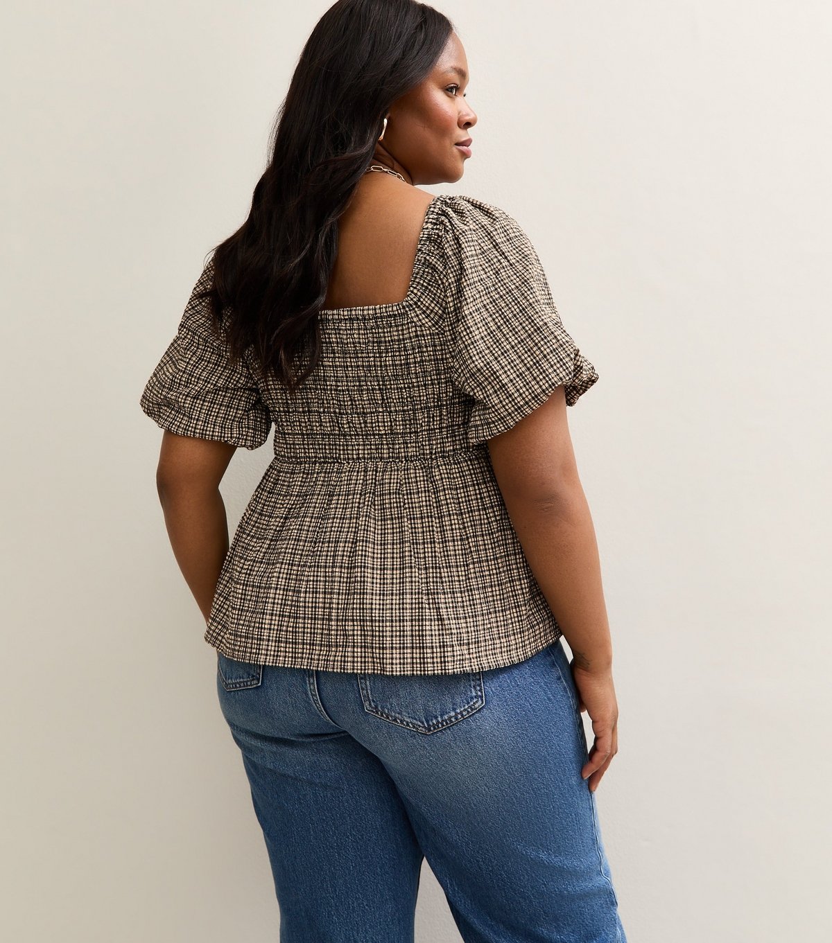 New Look Women's Plus Size Black Check Print Shirred Milkmaid Top Curves New Look - 4