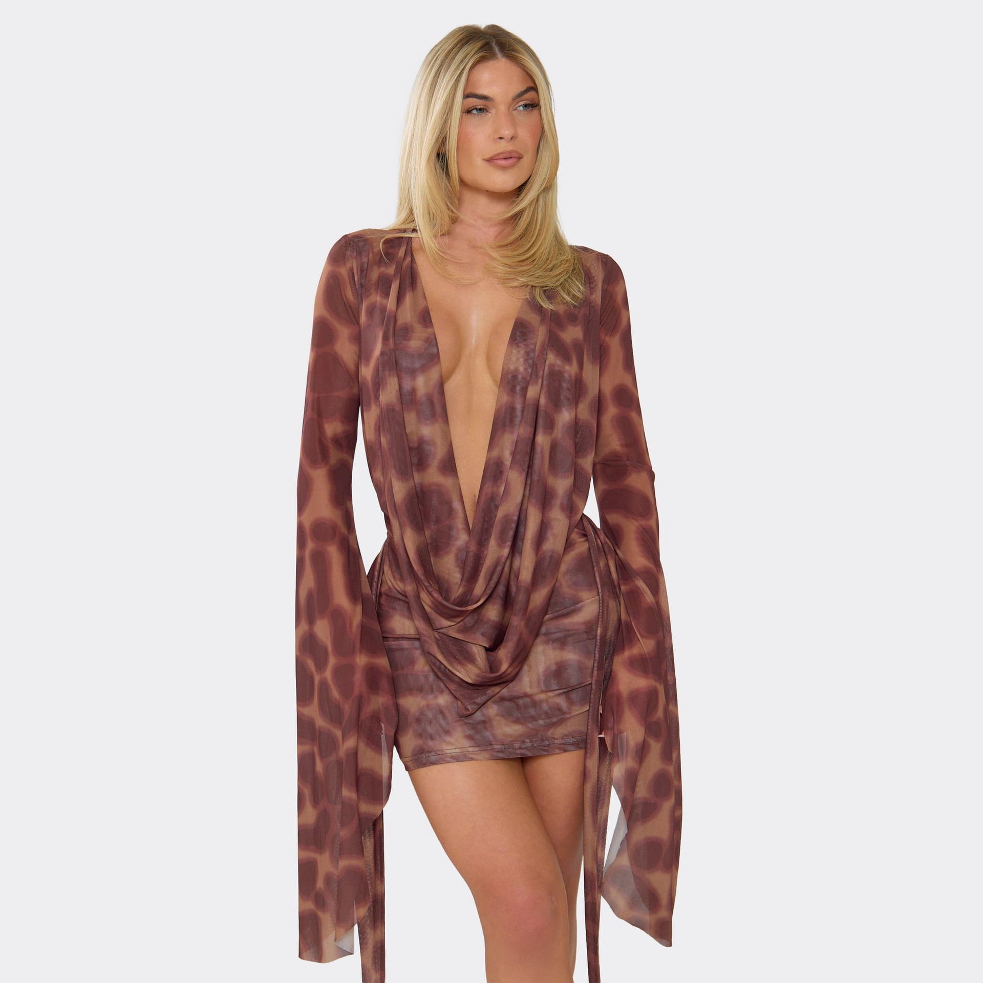 EGO Exaggerated Sleeve Cowl Neck Open Tie Back Detail Mini Dress In Brown Animal Print, Women's Size UK L