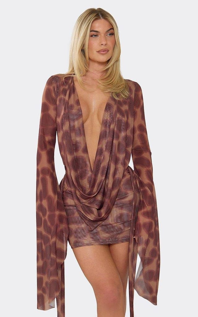 EGO Exaggerated Sleeve Cowl Neck Open Tie Back Detail Mini Dress In Brown Animal Print, Women's Size UK L - 2