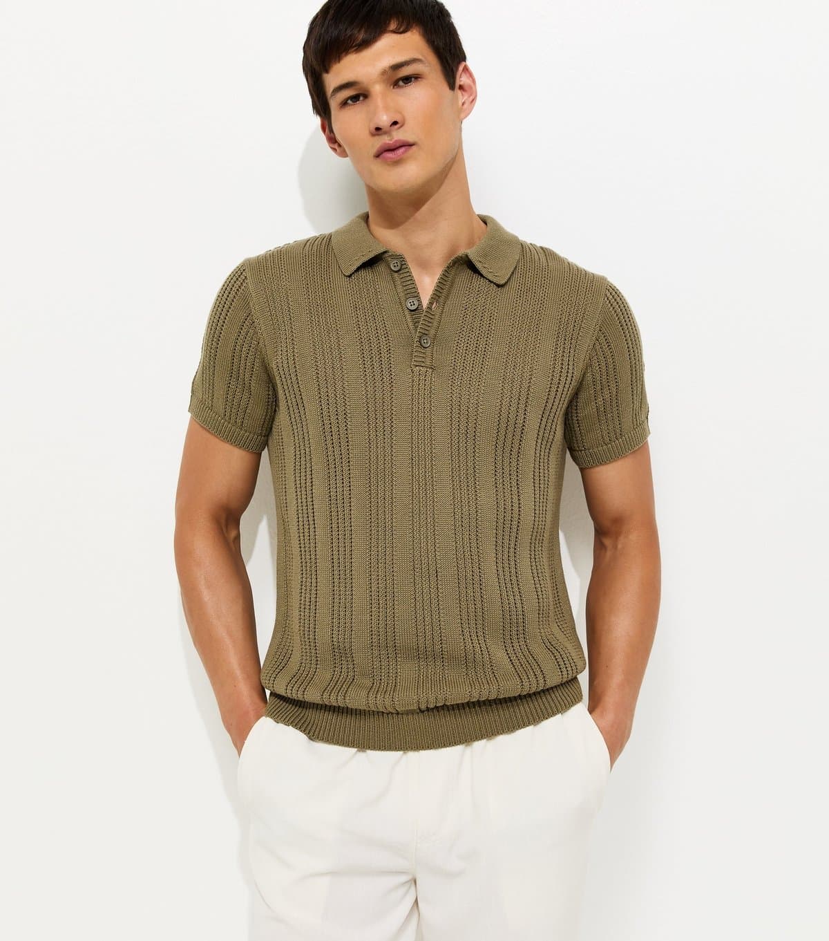 New Look Men's Khaki Regular Rib Knit Striped Polo Shirt New Look