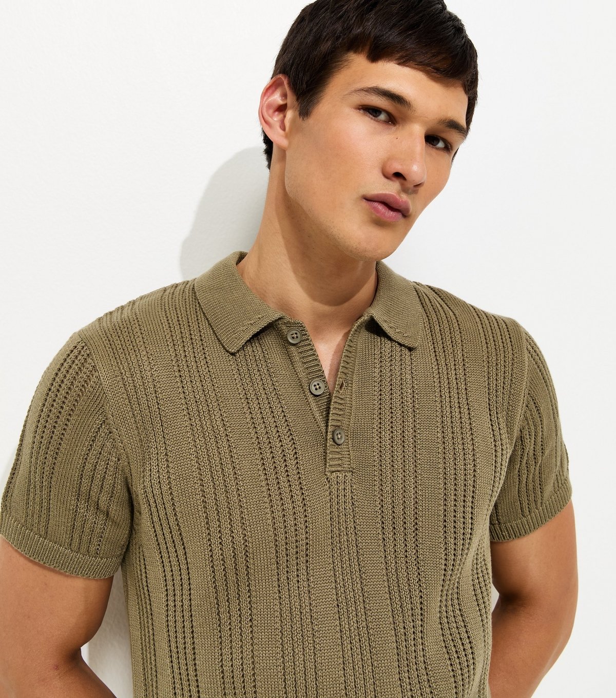 New Look Men's Khaki Regular Rib Knit Striped Polo Shirt New Look - 2