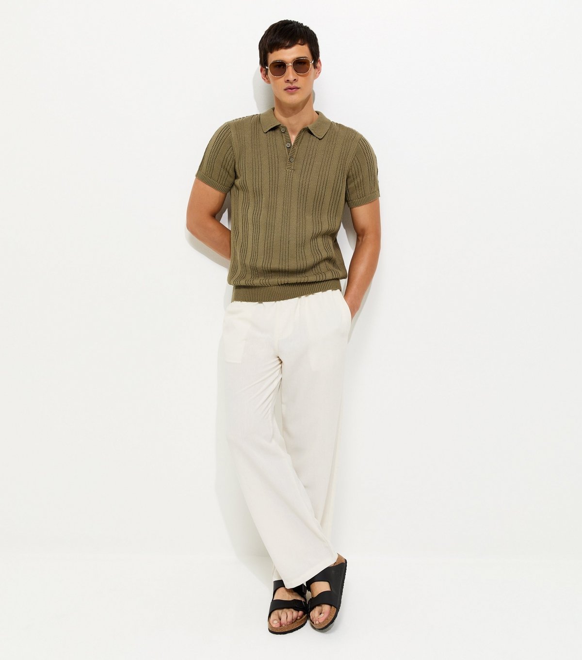 New Look Men's Khaki Regular Rib Knit Striped Polo Shirt New Look - 3