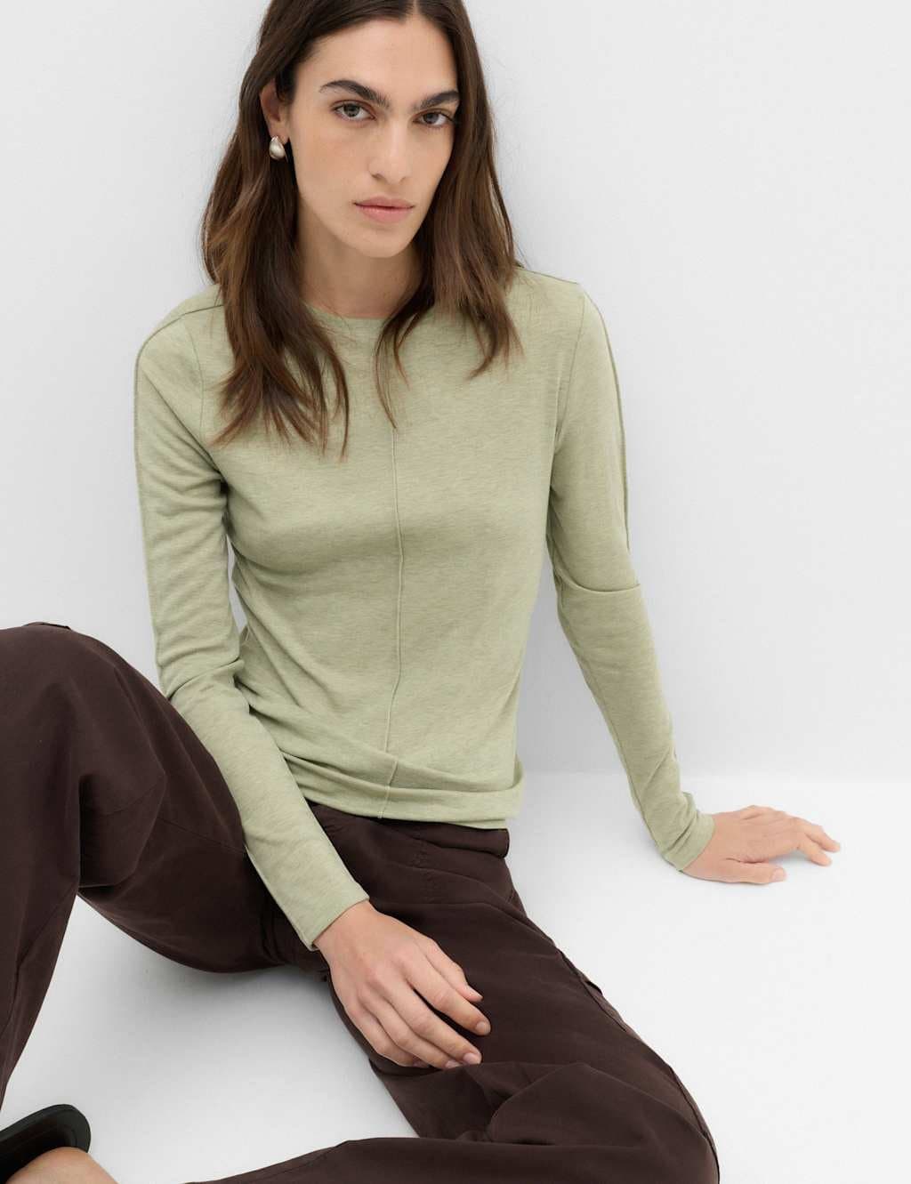 Marks & Spencer M&S Marl Long Sleeve Top with Wool Pistachio