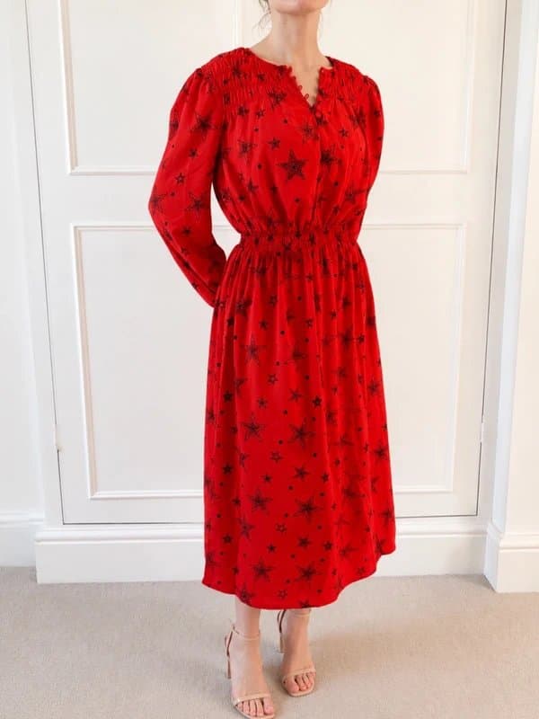 Marks & Spencer M&S Collection / Red Star Print Midi Dress / Size 12 / Elasticated Waist / Excellent Condition
