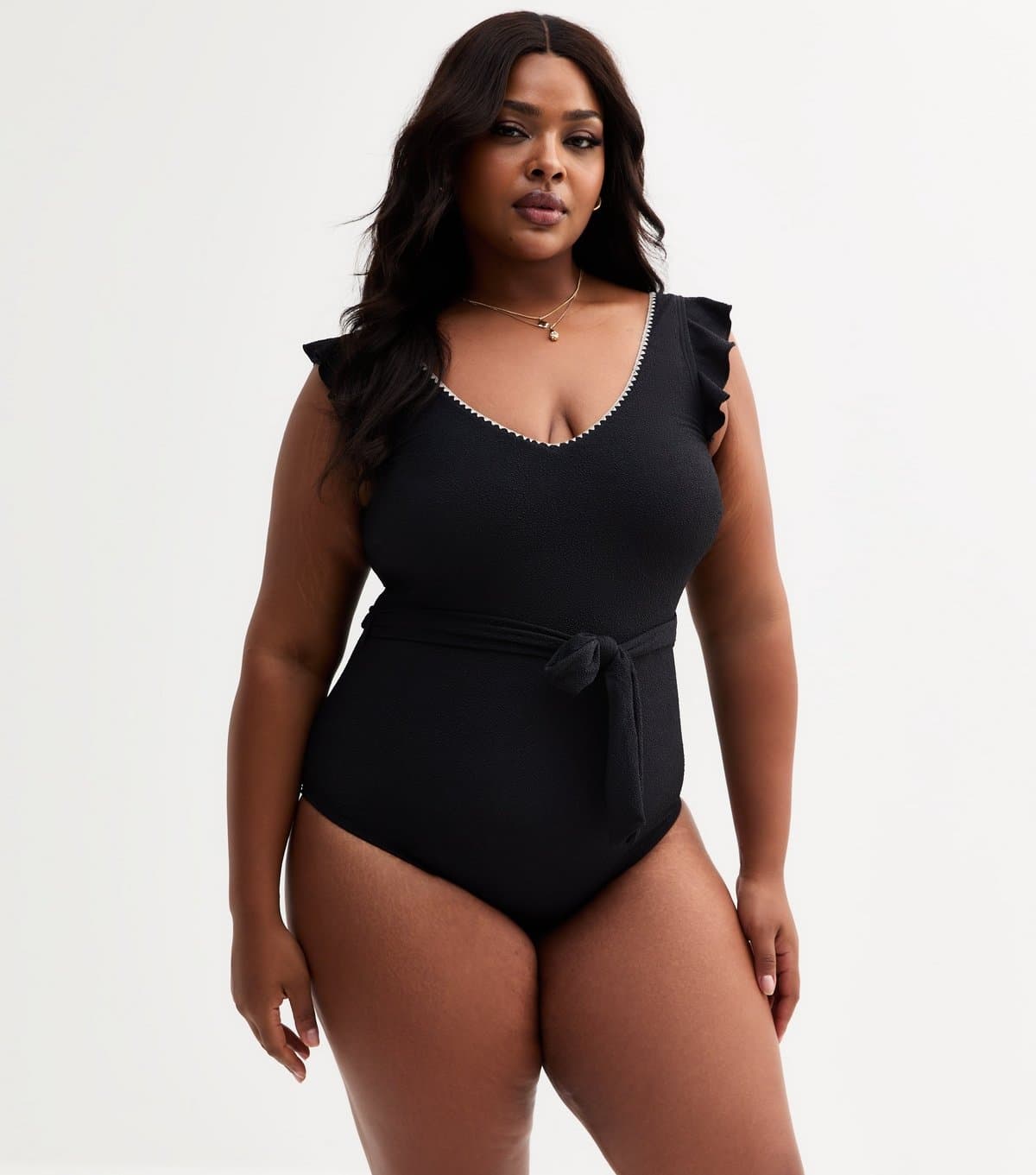 New Look Women's Plus Size Black Frill Trim Swimsuit Curves New Look
