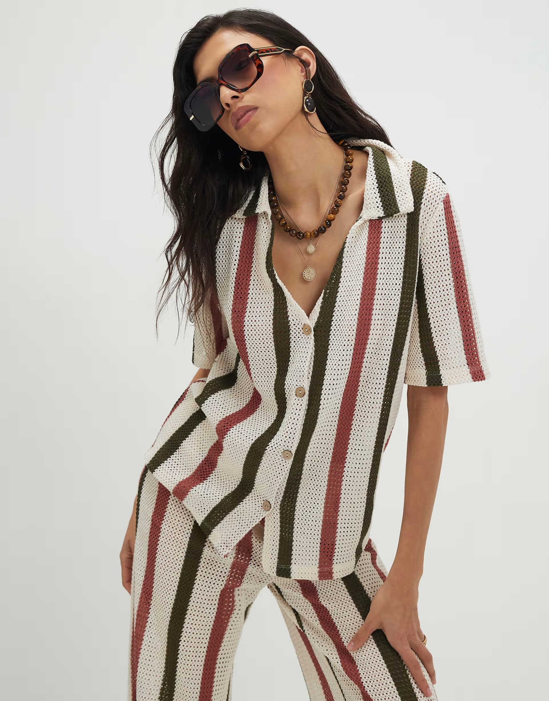 ASOS River Island Cream Crochet Stripe Shirt Set