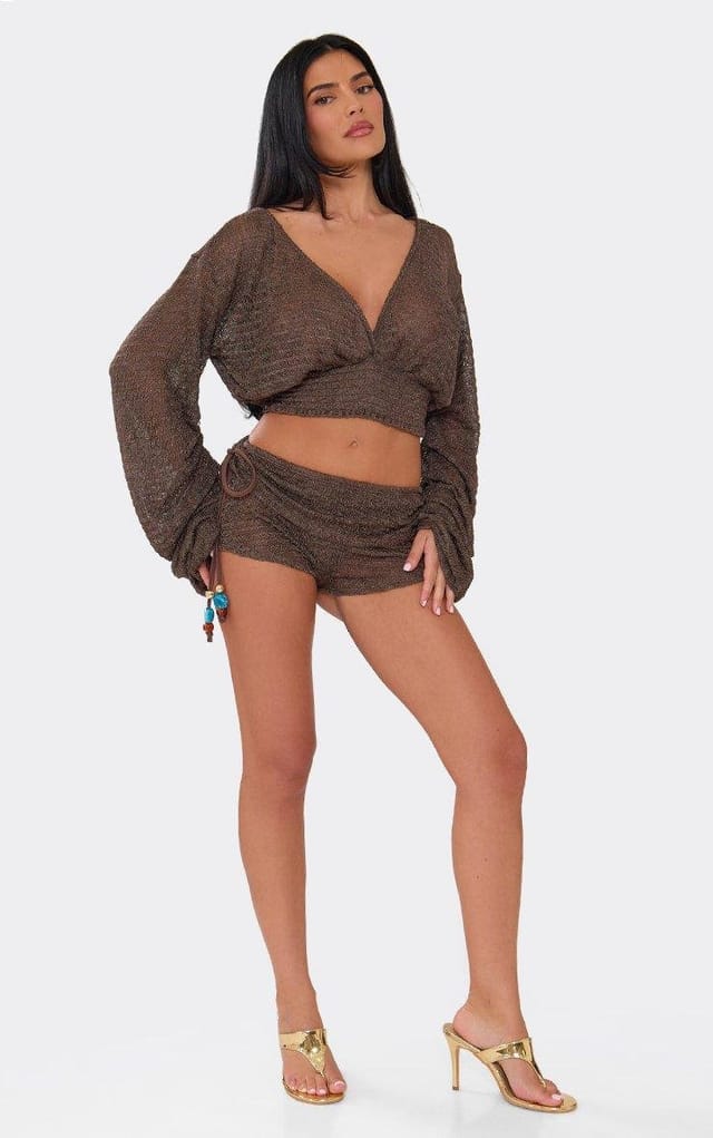 EGO Low Rise Side Tie Bead Detail Micro Mini Shorts In Brown Texture, Women's Size UK 8 - 2