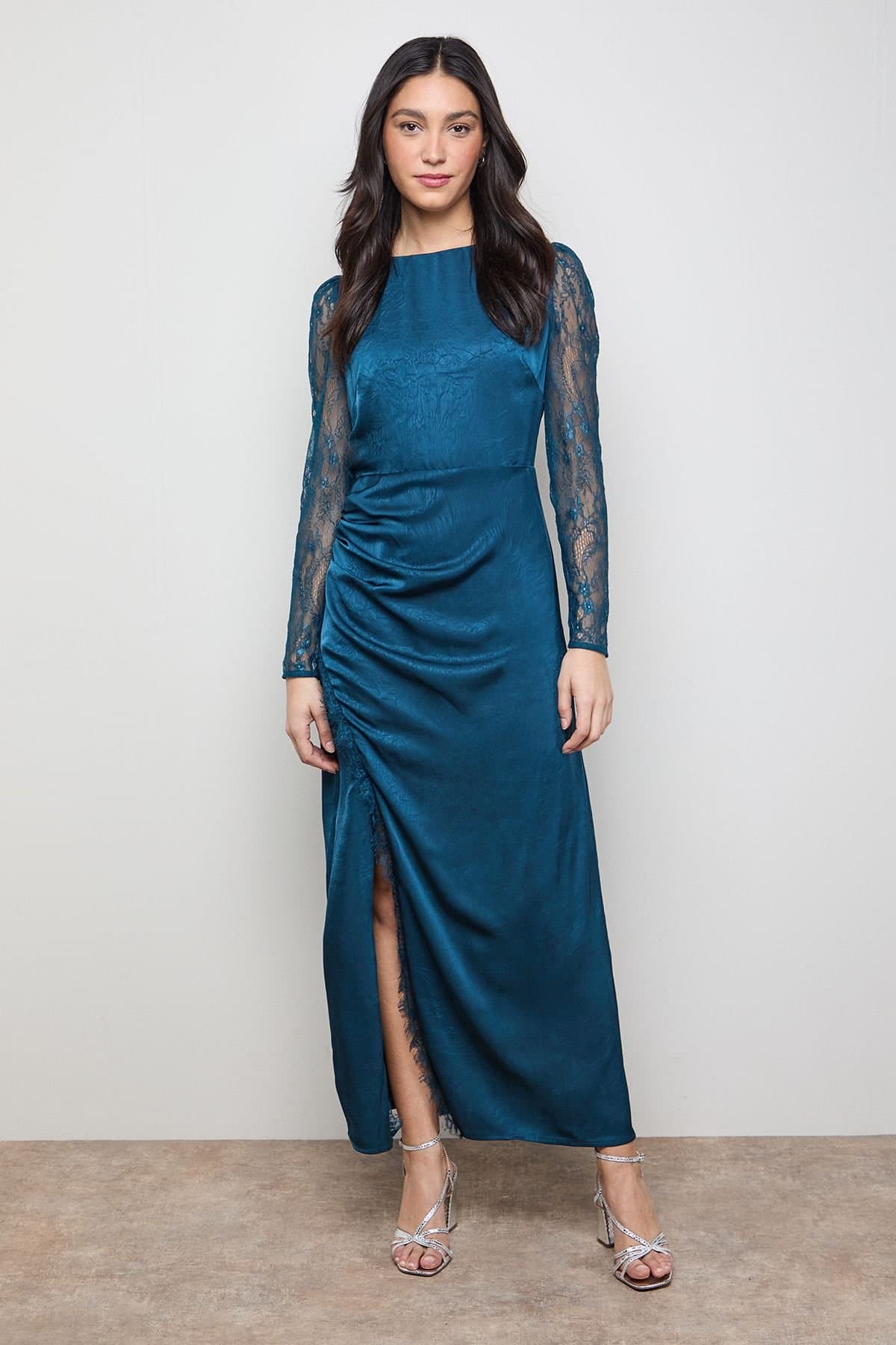 Oasis Oasis Women's Lace Sleeve Split Front Satin Midaxi Dress in Teal
