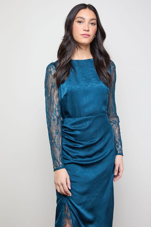 Oasis Oasis Women's Lace Sleeve Split Front Satin Midaxi Dress in Teal - 2