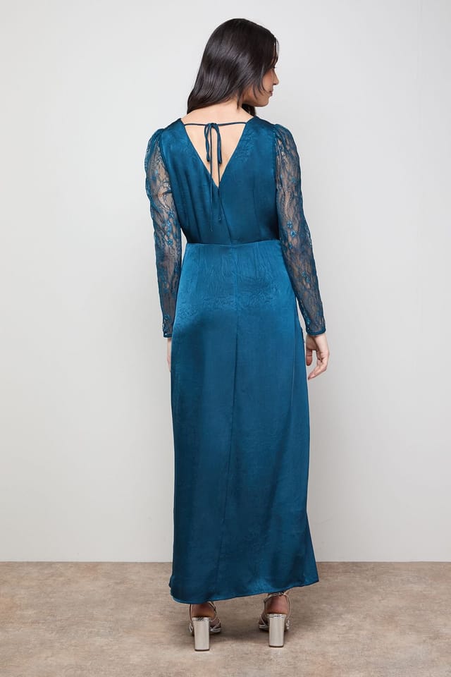 Oasis Oasis Women's Lace Sleeve Split Front Satin Midaxi Dress in Teal - 3