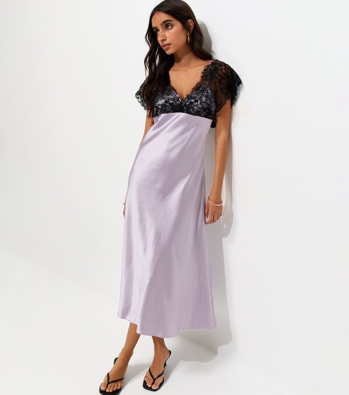New Look Women's Lilac Satin Lace Bust Midi Dress New Look