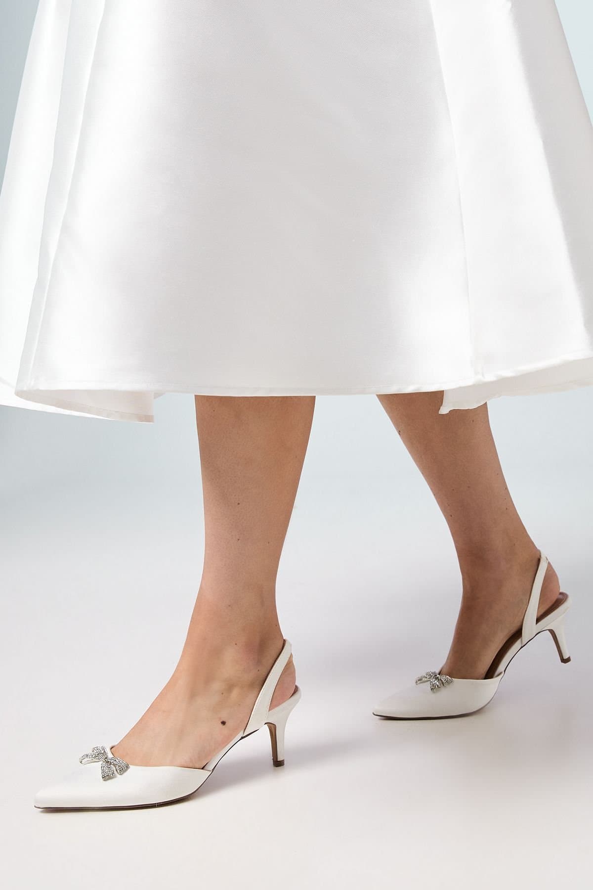 Coast Coast White Satin Bridal Court Shoes with Diamante Bow