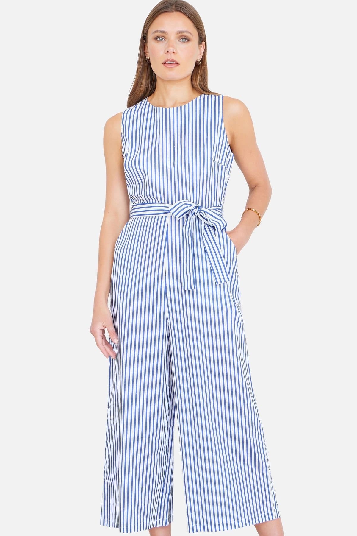 Yumi Yumi Women's Blue Cotton Stripe Culotte Jumpsuit in Bright Blue