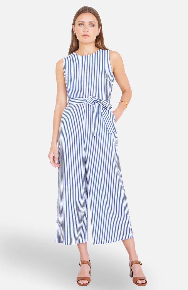 Yumi Yumi Women's Blue Cotton Stripe Culotte Jumpsuit in Bright Blue - 2