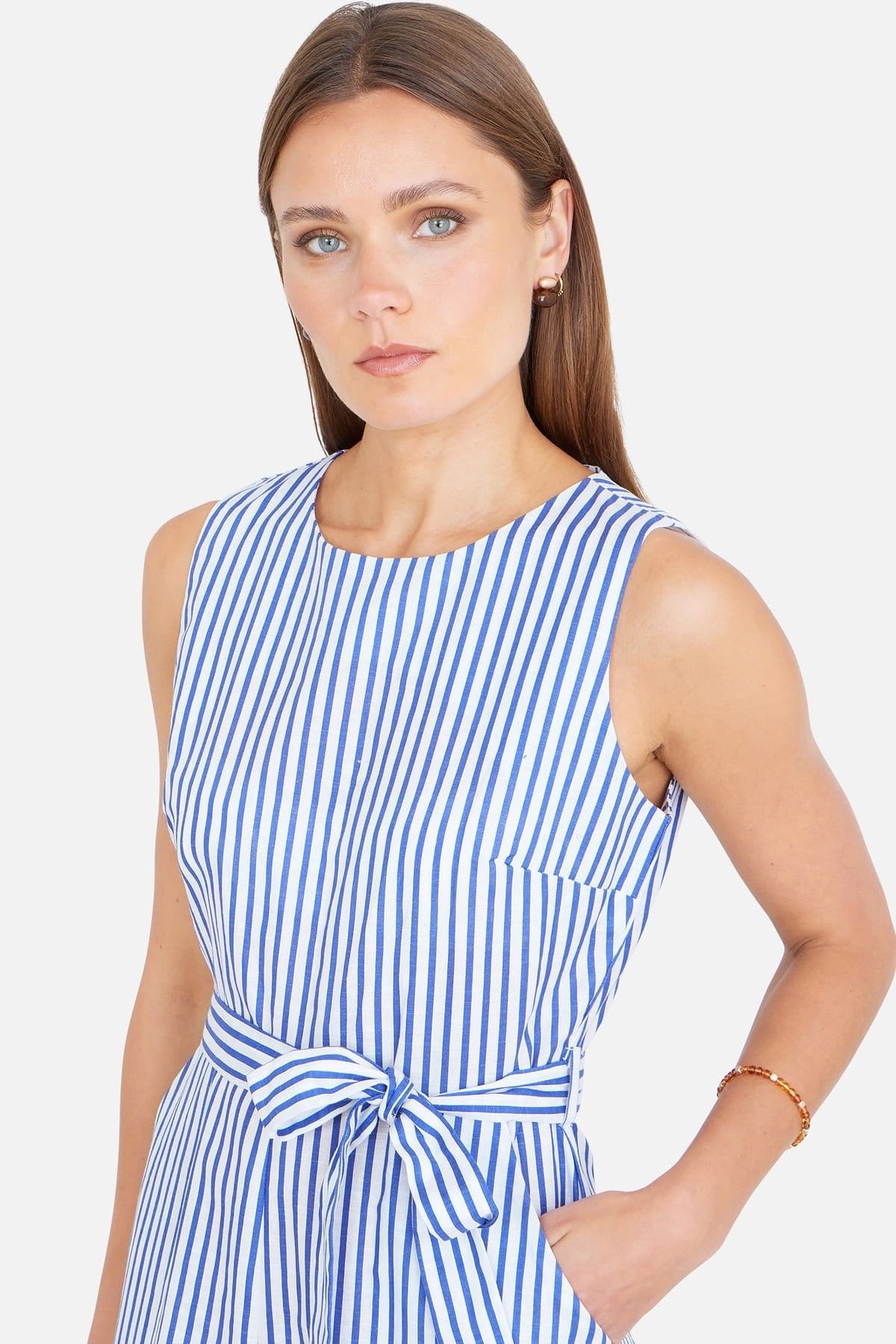 Yumi Yumi Women's Blue Cotton Stripe Culotte Jumpsuit in Bright Blue - 4