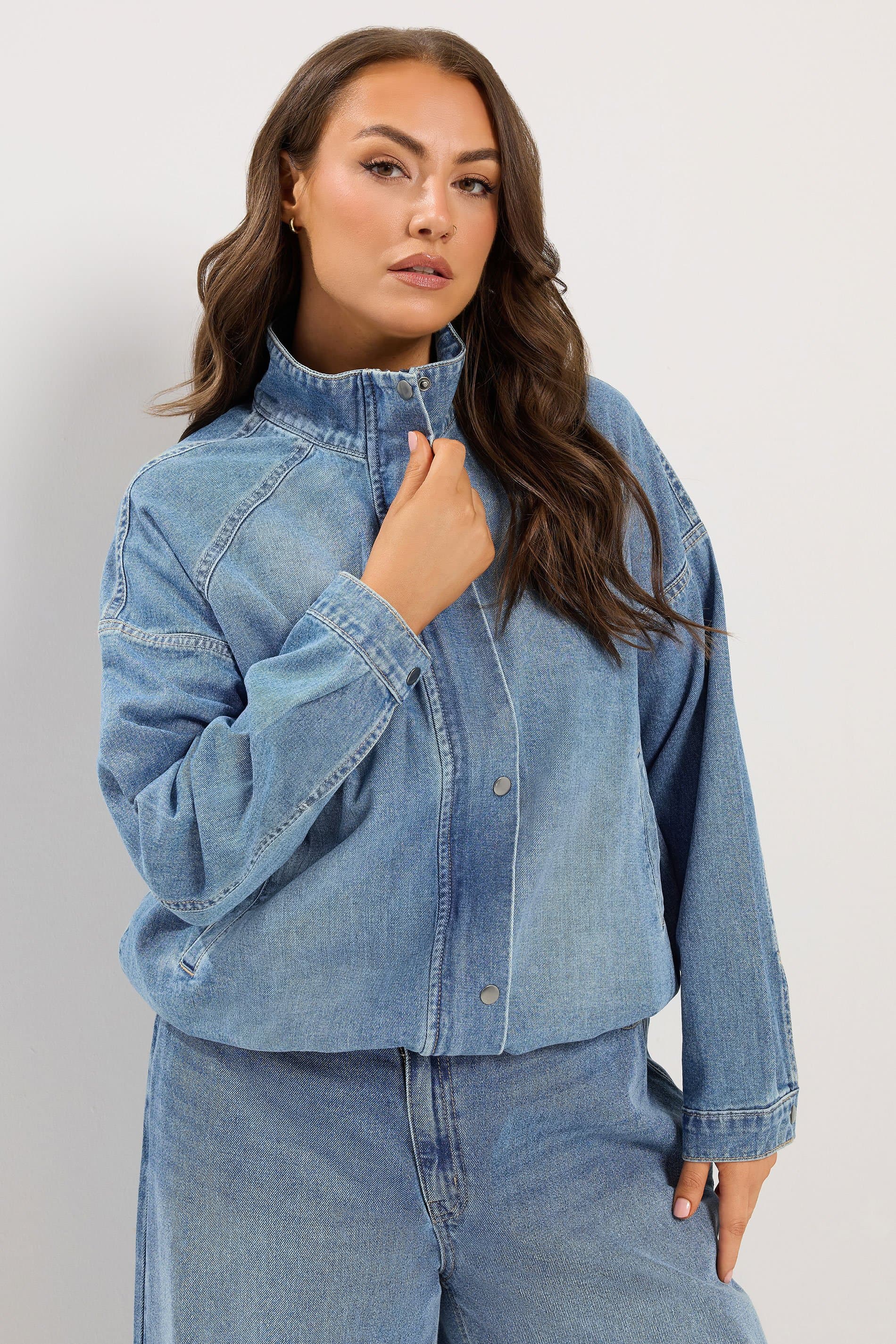 Yours Plus Size Blue Denim Funnel Neck Bomber Jacket