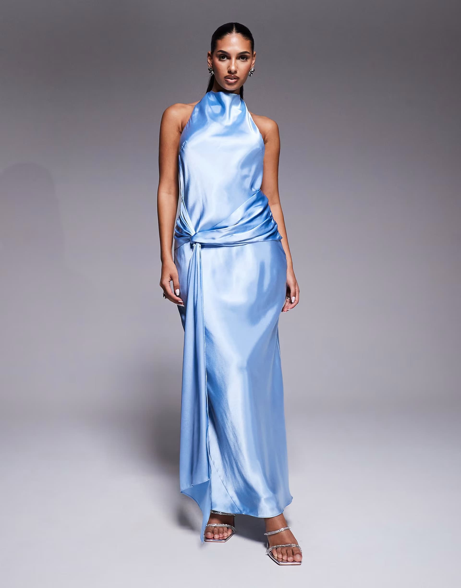 ASOS Forever New satin halter neck knot front maxi dress in blue