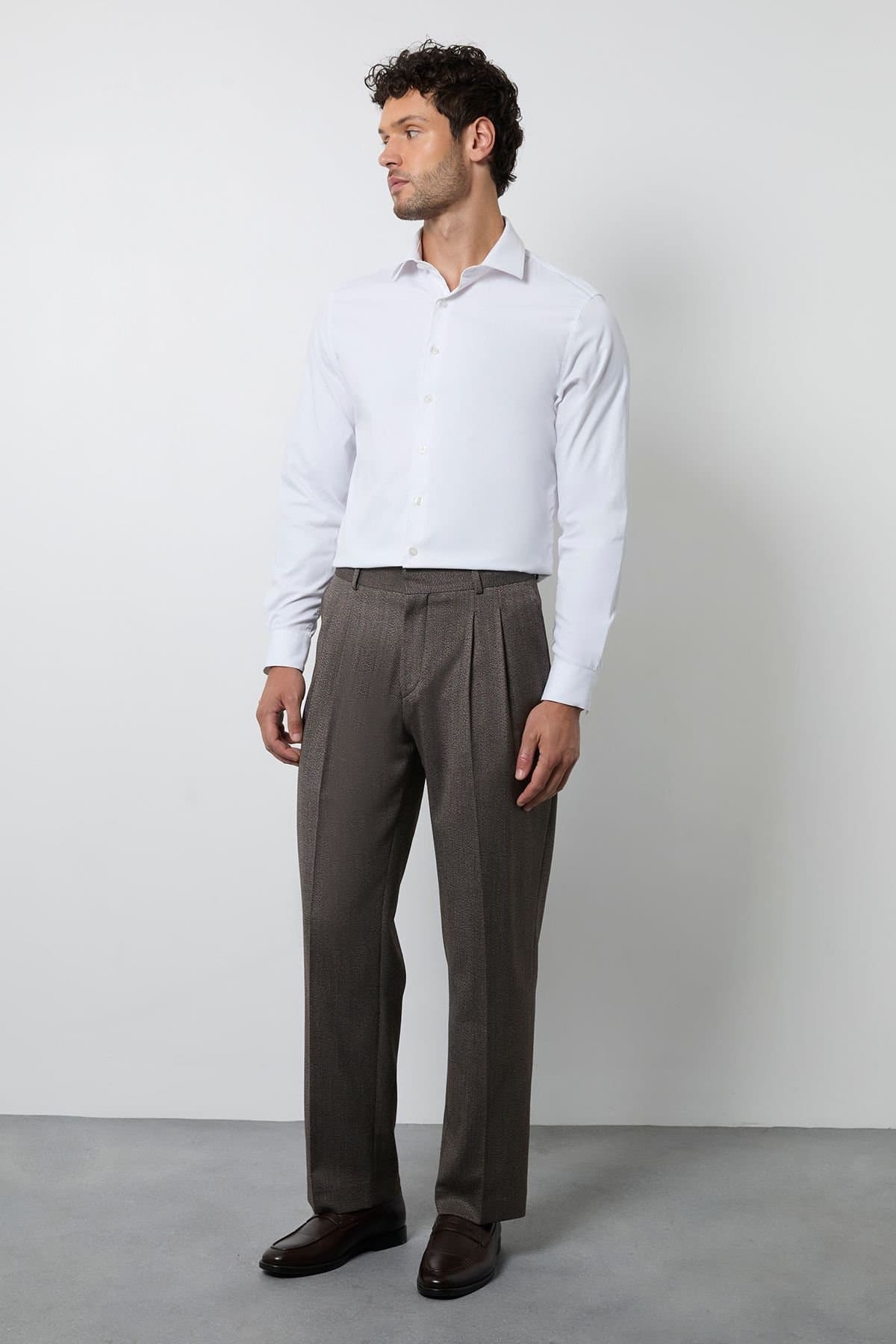 Burton Burton Men's Brown Herringbone Pleated Relaxed Fit Suit Trouser