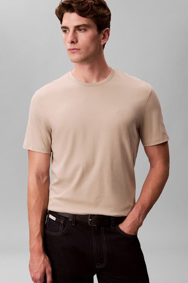 Calvin Klein Calvin Klein Men's SS Supima Chest Emb Crewneck Tee Ancient Marble in Ecru - 2
