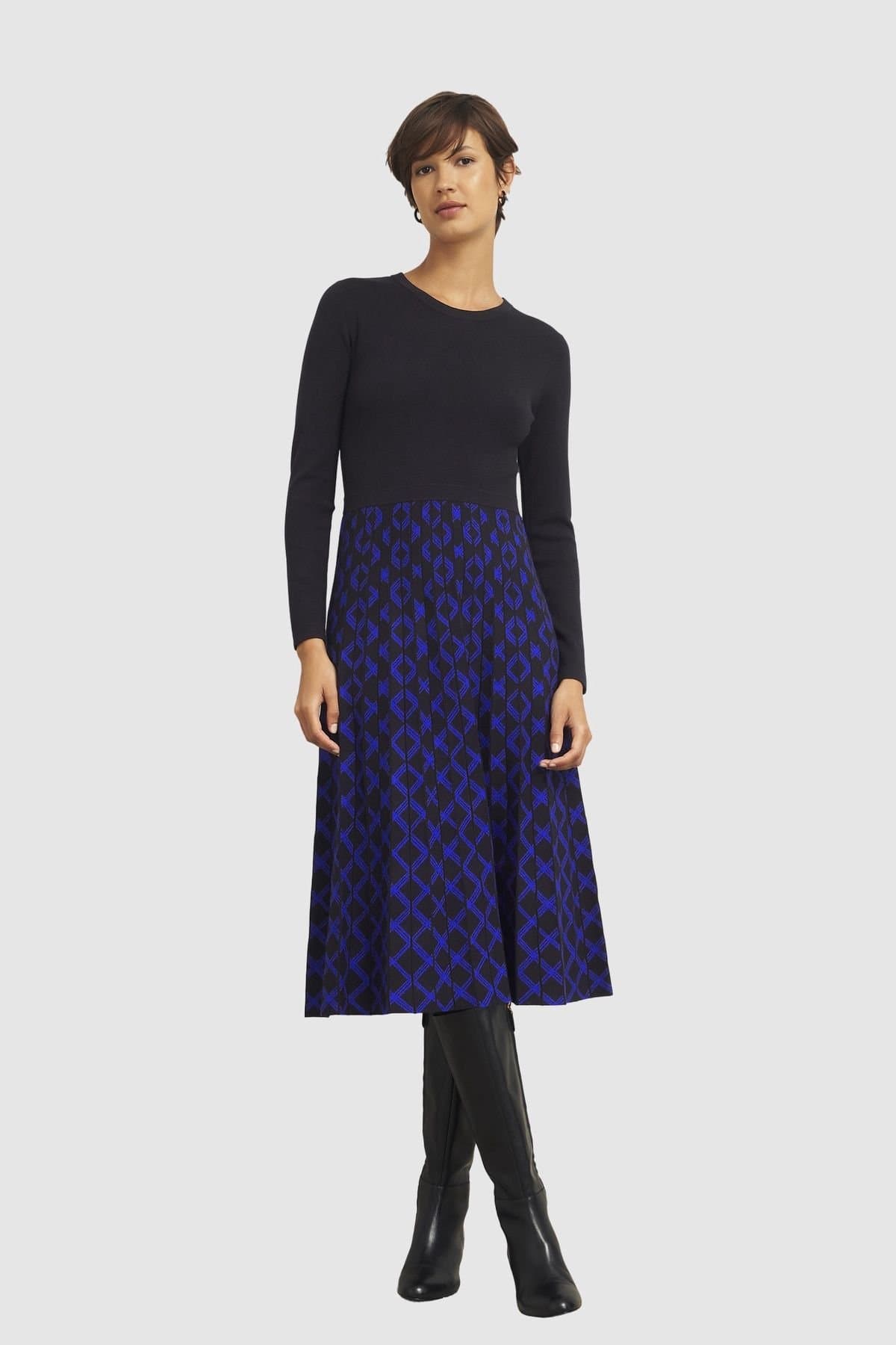 Hobbs London Hobbs London Women's Larna Knitted Geometric Skirt Midi Dress in Blue